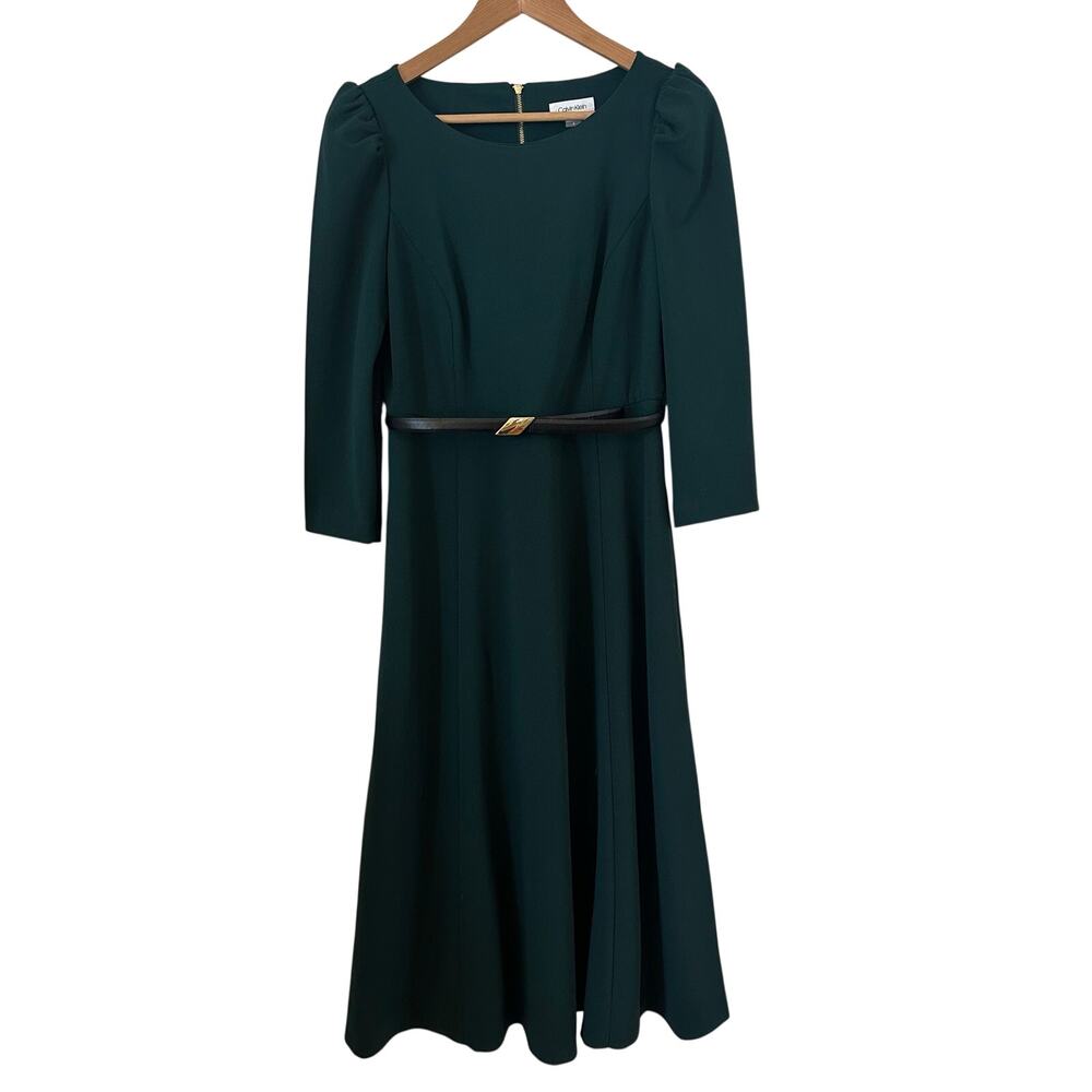 Calvin Klein Women's Dark Forest Green Midi 3/4 Sleeve Size 8 Dress Belted